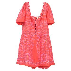 Farm Rio Floral-Print Cut-Out Romper in Red Linen